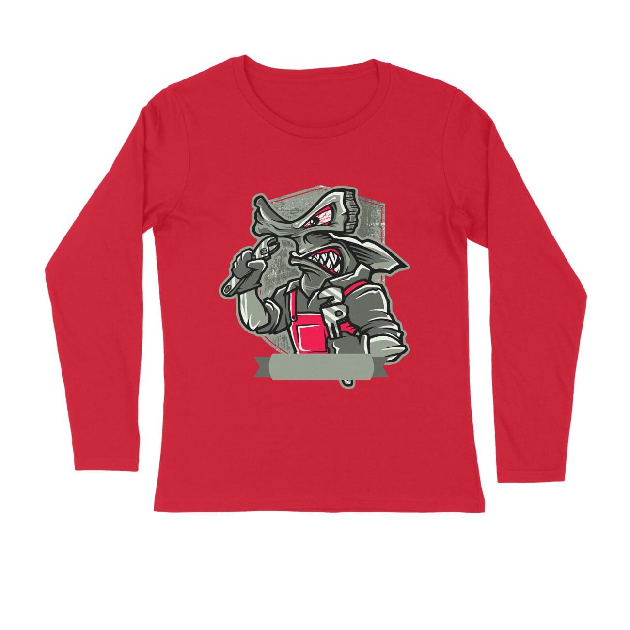 Men's Full Sleeve Round Neck T-Shirt - Angry Mechanic Hammer Shark - Image 2