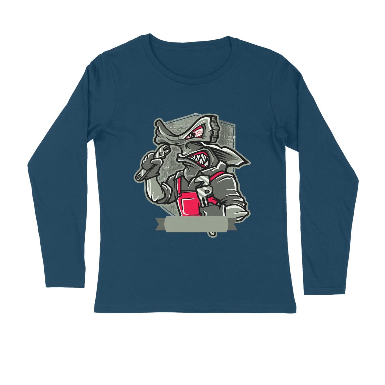 Men's Full Sleeve Round Neck T-Shirt - Angry Mechanic Hammer Shark - Image 4