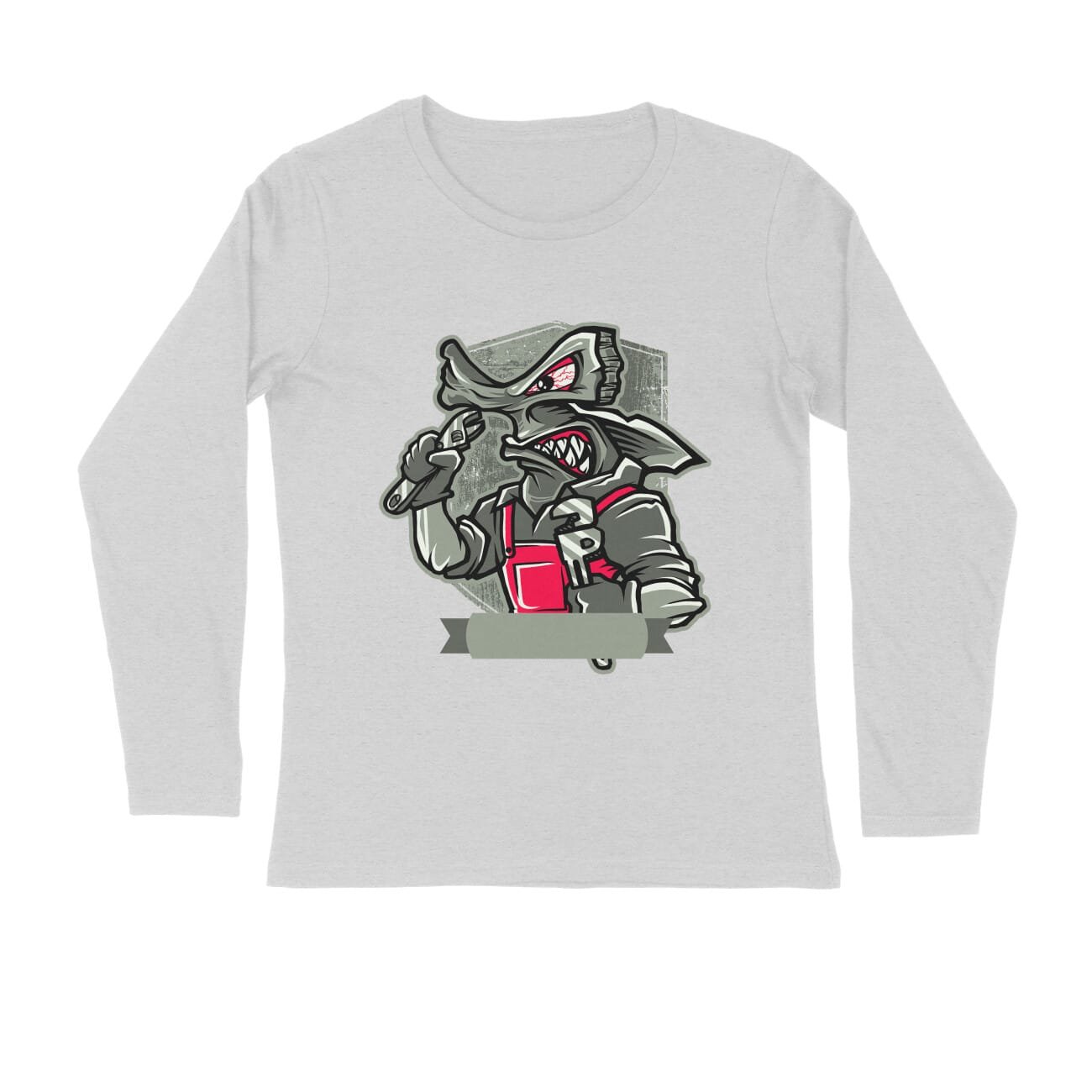 Men's Full Sleeve Round Neck T-Shirt - Angry Mechanic Hammer Shark - Image 5