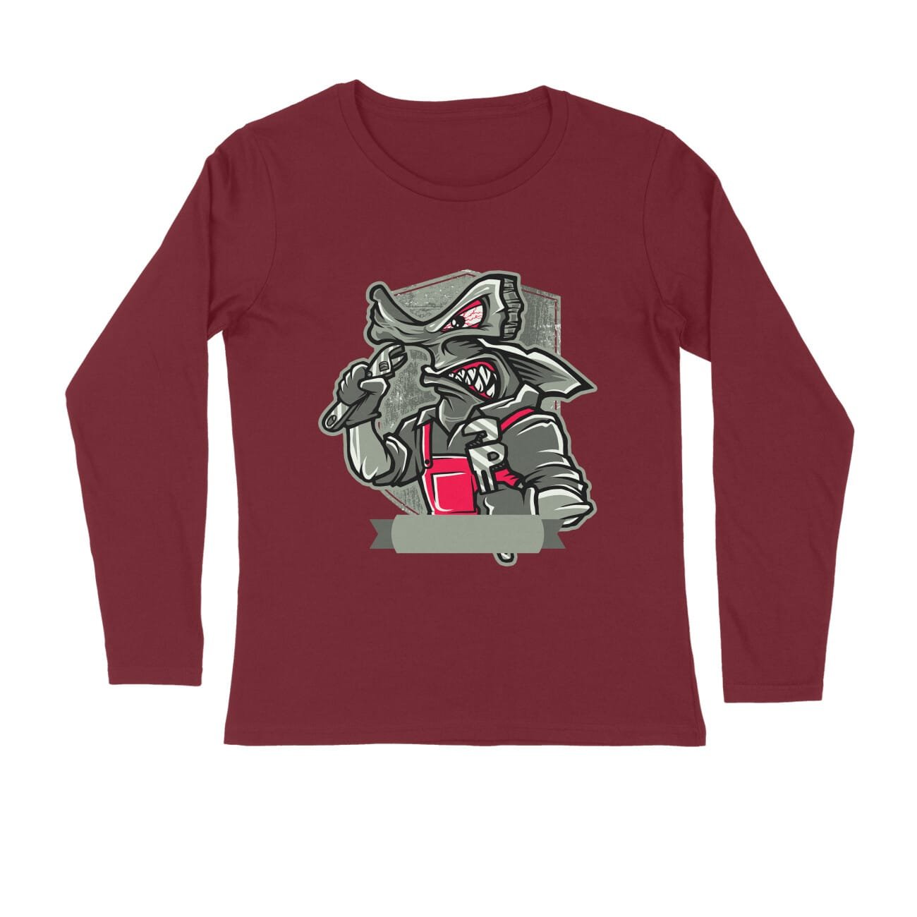 Men's Full Sleeve Round Neck T-Shirt - Angry Mechanic Hammer Shark - Image 6